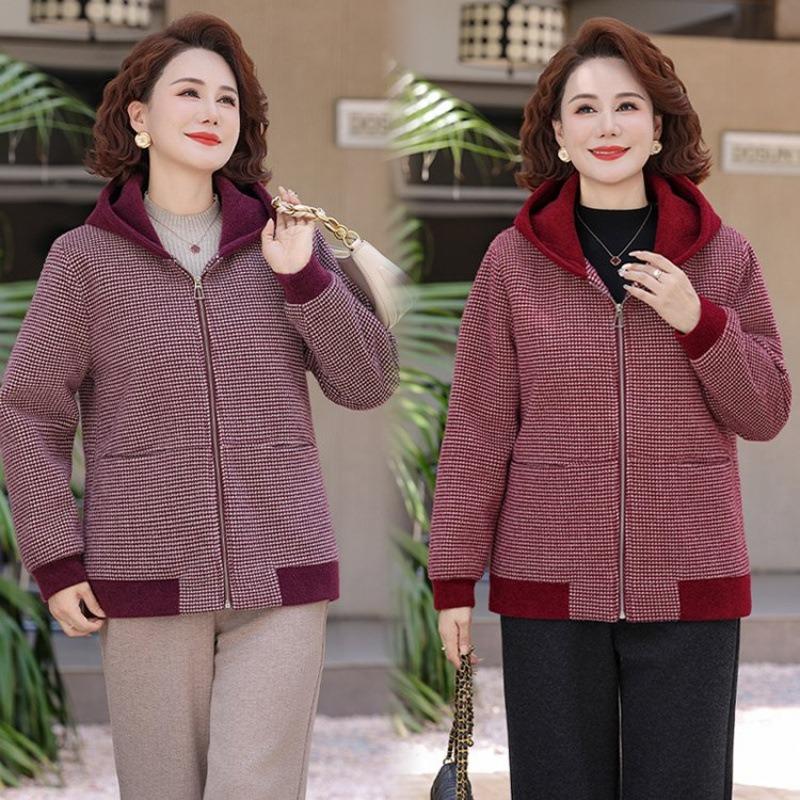 Temperament Mom Autumn Jacket Noble Plaid Top Aged Elderly Women's Autumn and Winter Hooded