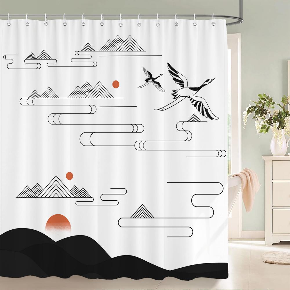 

Japanese Style Shower Curtains With Hooks Home Decor For Ink Painting Landscape Bathroom Curtain Polyester Fabric Bath Curtain W60H190(CM)-1 Pcs
