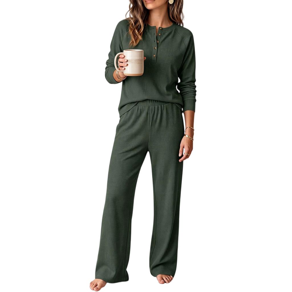 Women's 2 Piece Athleisure Set Long Sleeve Top Wide Leg Pants Loose Fit Casual Outfit