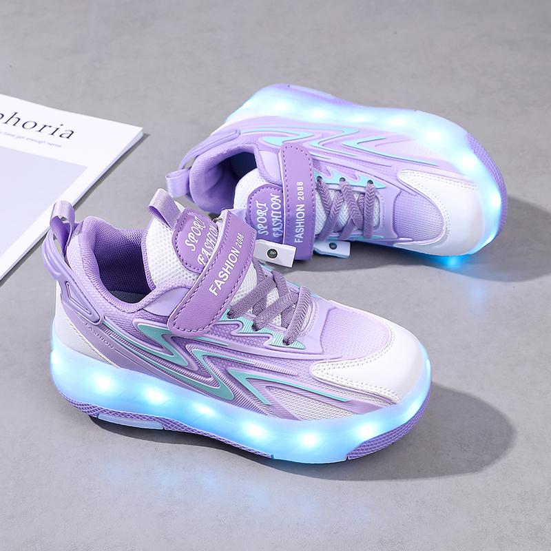 Kids Glowing Sneakers Rubbing Shoes Charging and Disassembling Four Wheels Slide Shoes LED Kids Glowing Sneakers