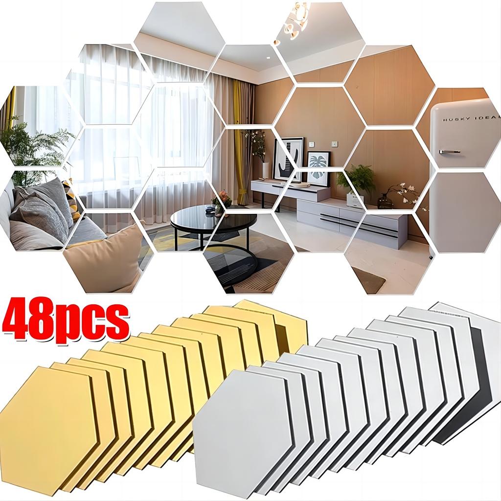 12/48pcs Hexagon Acrylic Mirror Wall Sticker Diamond Shaped Acrylic Tile Stickers Peel and Stick 3D Tile Wall Decals DIY Decor