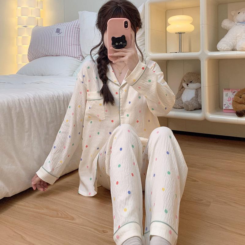 Autumn Simple Style Colored Small Polka Dot Loungewear Cloud Cotton Pajamas Women'S Long-Sleeved Suit Can Be Worn Outside