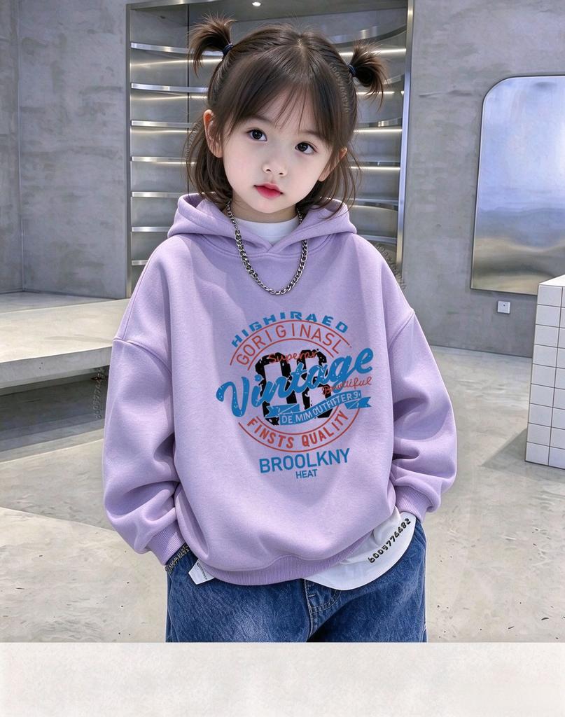 Kids Vintage Brooklyn Retro Letter Print Fleece Hoodie, Warm Breathable Loose Casual Pullover Sweatshirt, Boys Girls Hooded Tops