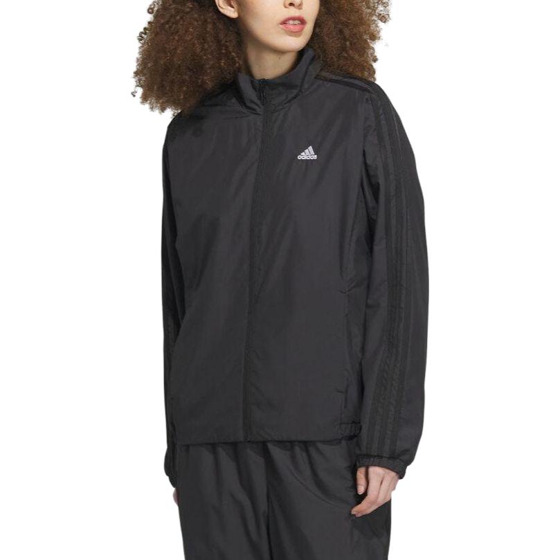 Adidas Solid Color Letter Print Zip Stand Collar Long Sleeve Jacket Women jackets Black IK9862