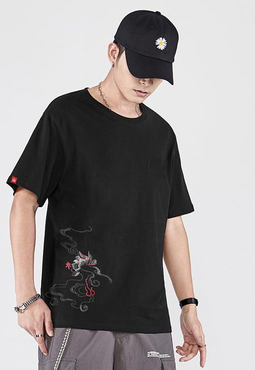 Short Sleeve with Funny Embroidery and Japanese Round Street Cool Summer Sizes FUN501 Men's T-Shirt Pattern, 100% Cotton, Unisex, Casual, Collar,
