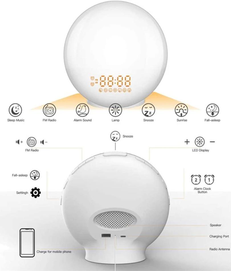 Wake Up Light Alarm Clock with Sunrise/Sunset Simulation Dual Alarms FM Radio Nightlight 7 Colors Natural Sounds Snooze