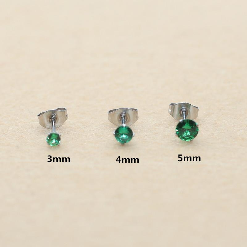 

3 4 5mm Green Zircon Round Square Stud Earrings 316L Stainless Steel IP Planting No Fade Allergy 3mm 1pair
