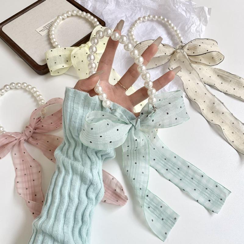 New pearl necklace floral long headband small silk scarf women's spring and summer thin collarbone chain streamer bag decorative scarf