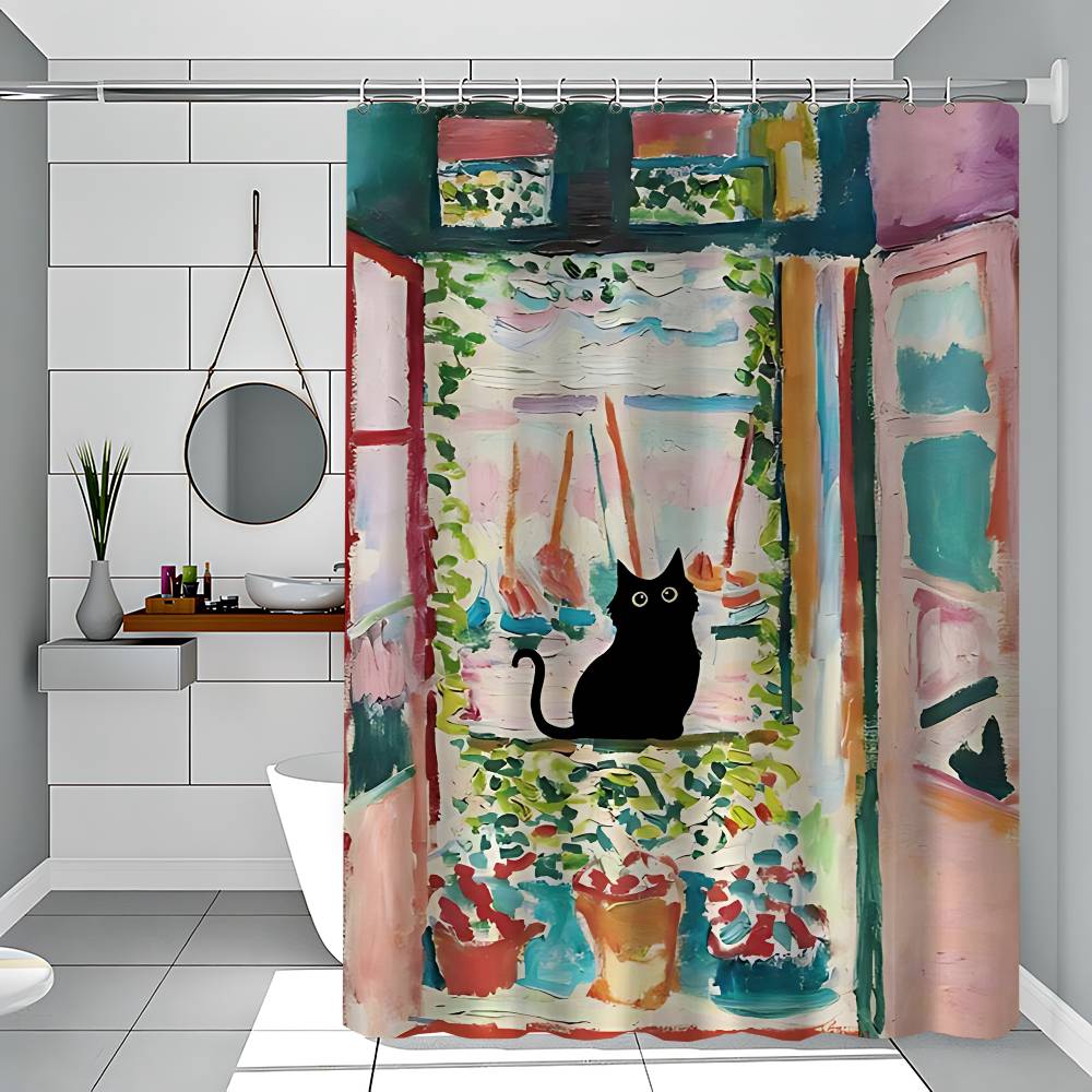 Lustige Kunst Matisse Monet Schwarze Katze Van Gogh Sonnenblumen Duschvorhang - Wasserabweisend und auslaufsicher, Schimmel- und Mehltau