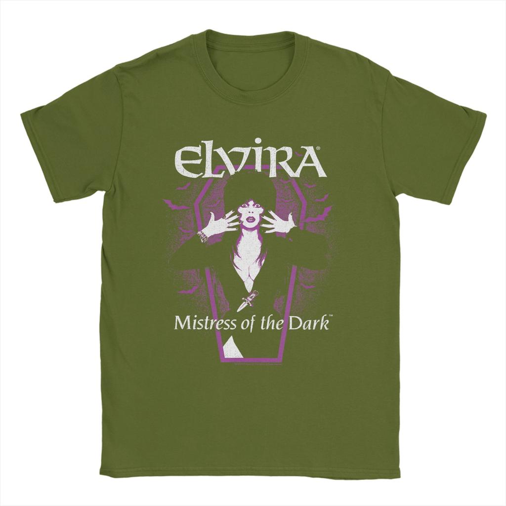 Elvira Dark Purple Bats and Coffin TShirt for Unisex Round Collar Short Sleeve T Shirts Big Size Clothing