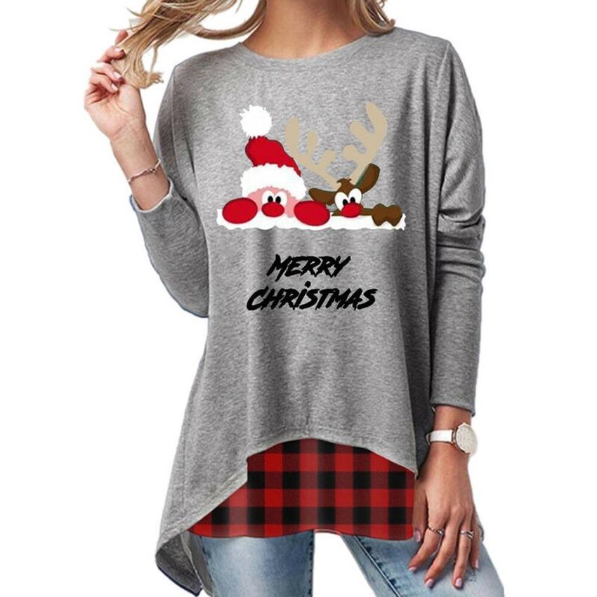 Buy Christmas Plaid Blouse Plus Size Women Long Sleeve Xmas Print T