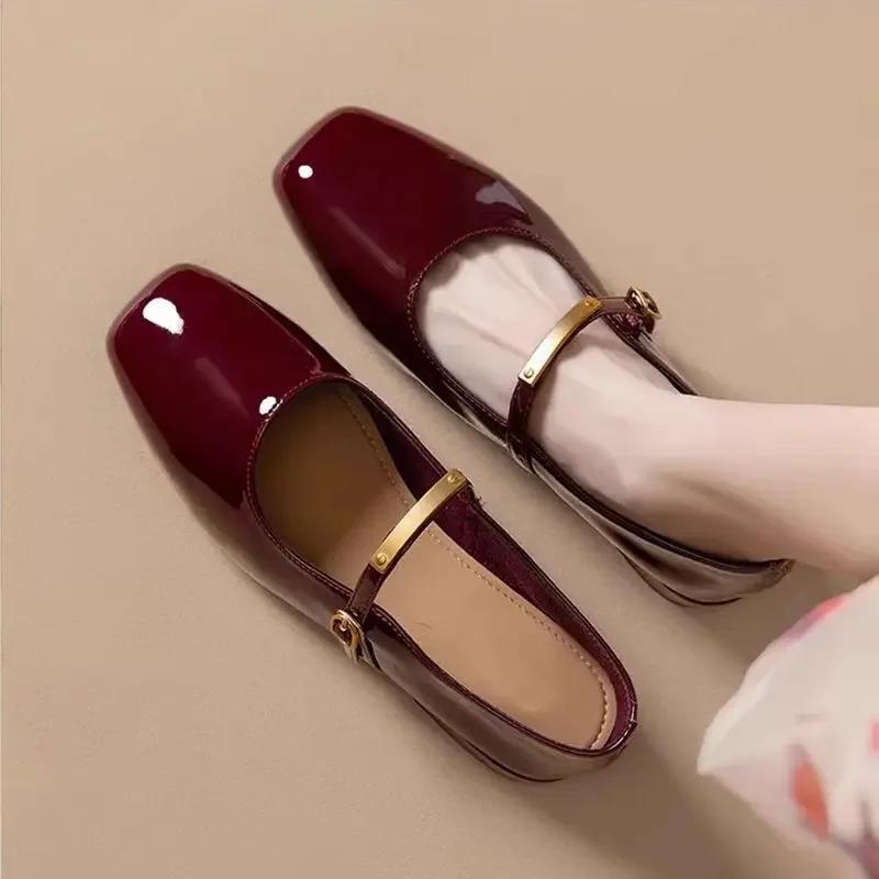 Red Genuine Soft Leather Mary Janes Women's Shoes Spring New Style Retro Hepburn Style Slip-On French Style Patent Leather