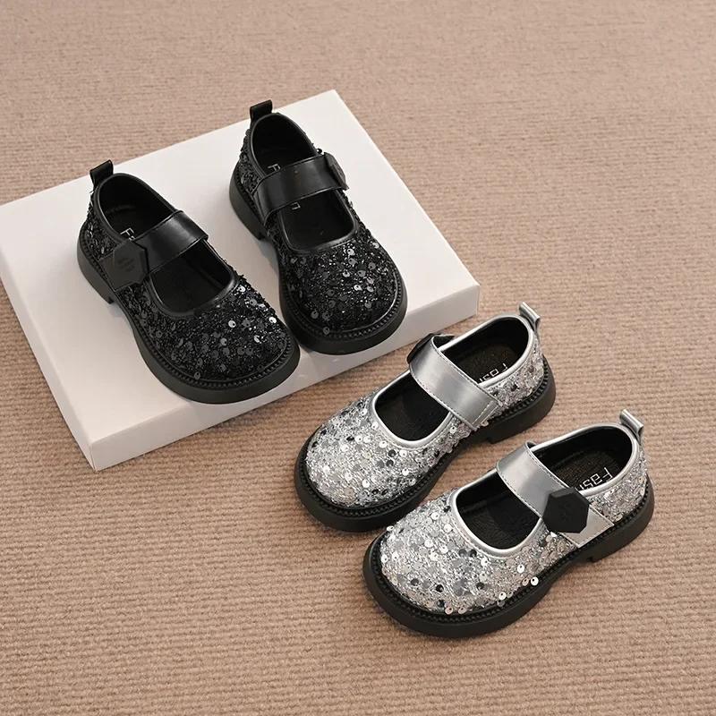 Girls Princess Shoes with Shiny Sequin Kids Leather Shoes Round Toes Hook&loop 2025 New Fashion Children Flat Shoes Non-slip