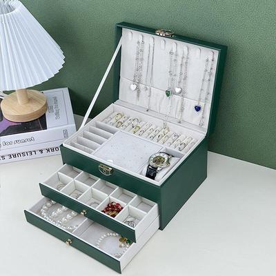 Lux Diamond Pattern Jewelry Box with Lock – Three-Layer Storage for Earrings, Necklaces, Rings & More.