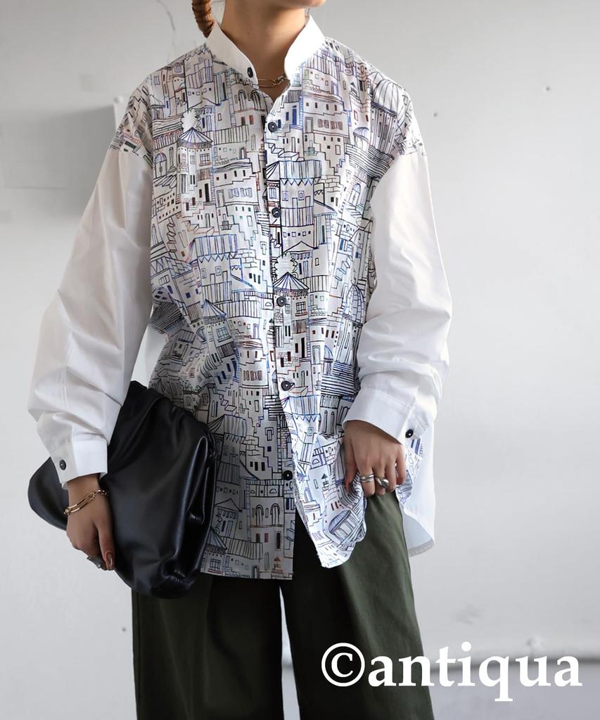 antiqua City Print Long One Size White Women's Shirt, Sleeve, 100% Cotton, ZE-01109, 03,