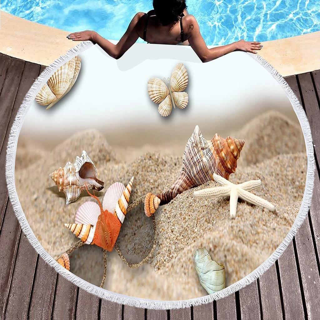 Round Beach Towels,Wave Seashell Print Sand Resistant Beach Blanket,Soft Absorbent Quick Dry Pool Towels Portable Picnic Mat