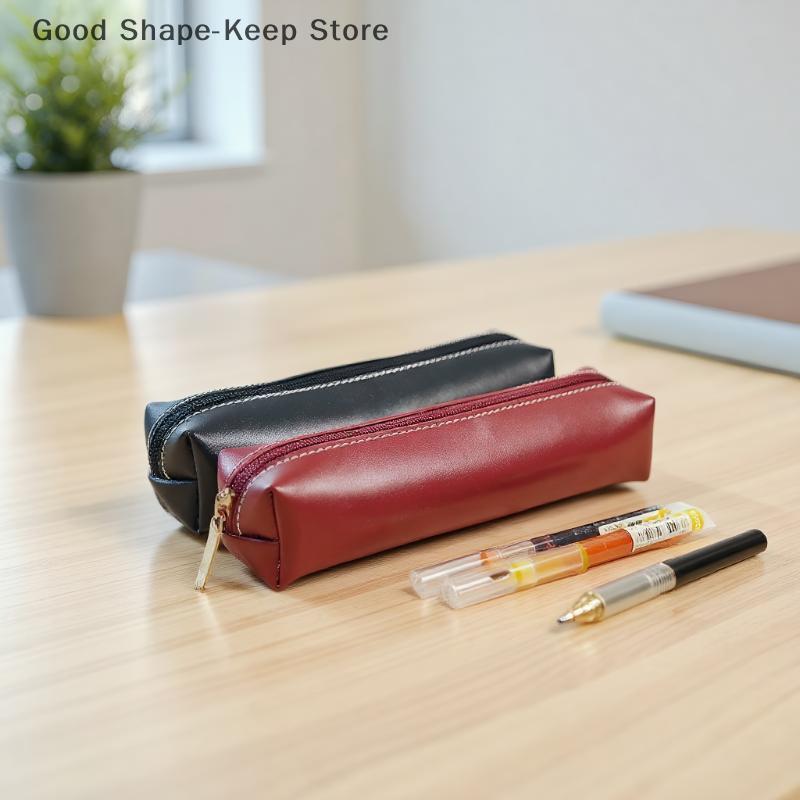 Simple PU Leather Pencil Case Small Portable Makeup Brush Storage Bag Large Capacity Stationery Box for Students School Supplies