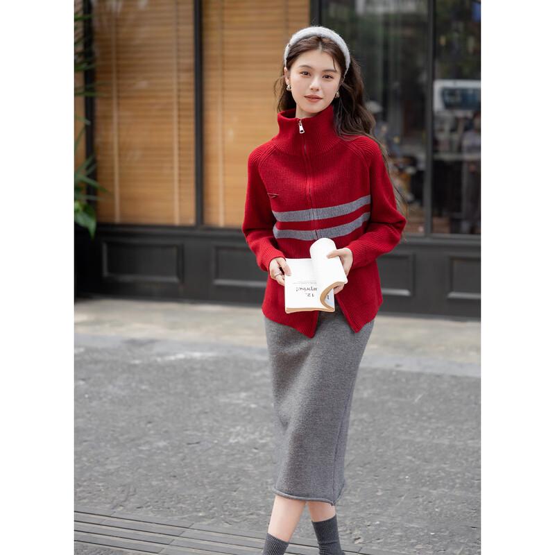 ITISF4 Women's Loose Striped Double-Zip Knit Sweater