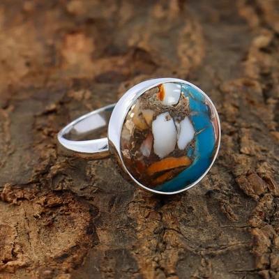 Oyster Copper Turquoise Round Gemstone Ring, Statement Ring, Birthday Gift, Bezel Ring, Handmade Ring, Anniversary Gift, 925 Silver Ring