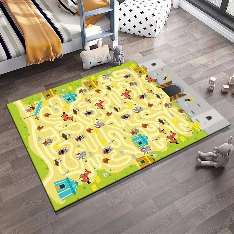 Kids Play Carpet with Maze, Farm Animals, Castle, and Colorful Design Suitable for use as an anti-slip for living room bedroom sofas