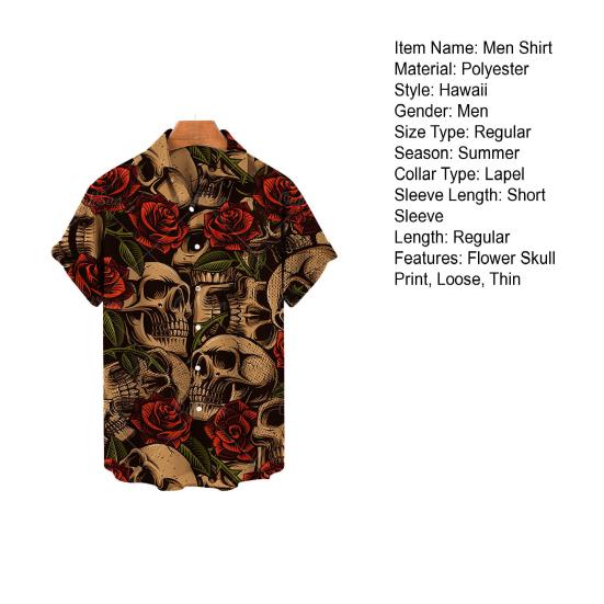 Revers Kurzarm Einreiher Männer Hemd Sommer Blume Schädel Drucken Hawaiian Shirt Beachwear