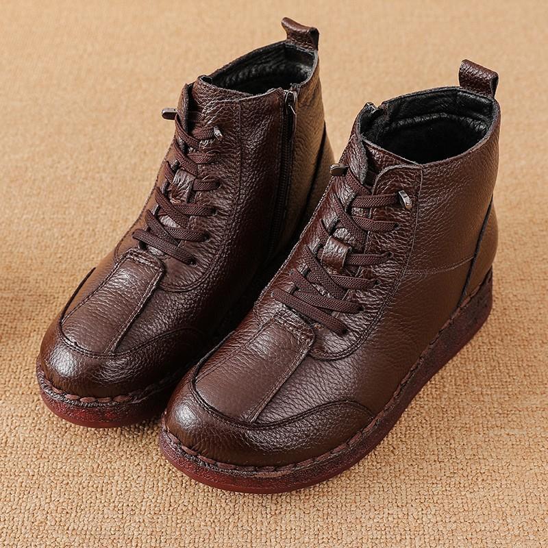 New winter leather velvet warm snow boots non-slip soft sole low heel women's cotton shoes short boots women
