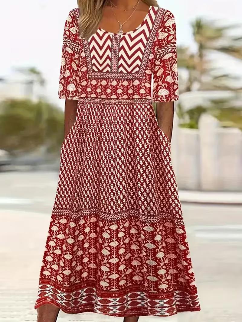 

2025 Summer Women s Printed Casual Round Neck Mid-Waist Dress XXL