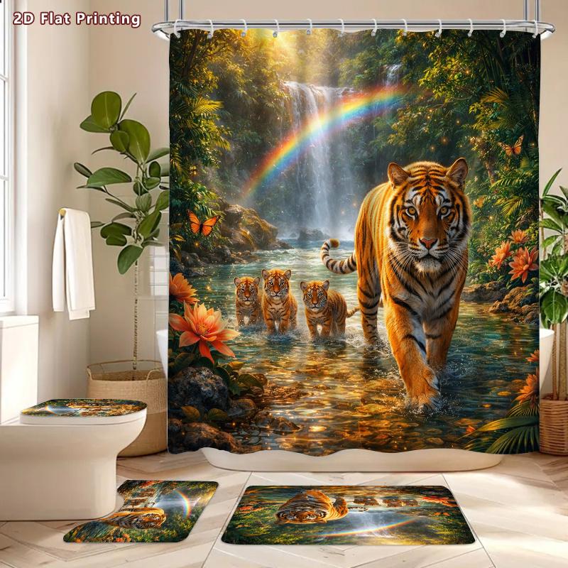 4Pcs Shower Curtain Set with Non-Slip Bath Mat, Toilet Lid Cover, Contour Rug & 12 Hooks, Bathroom Decor