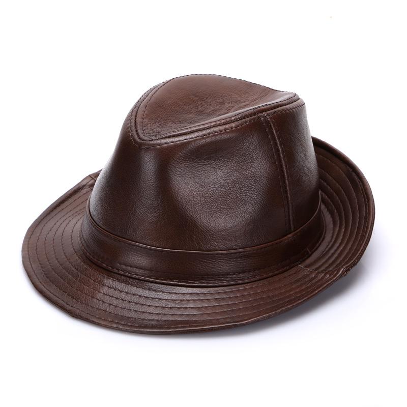 Herren Fedora Hut aus echtem Rindsleder, Herbst/Winter, Britischer Gentleman-Stil für mittlere und ältere Jahre