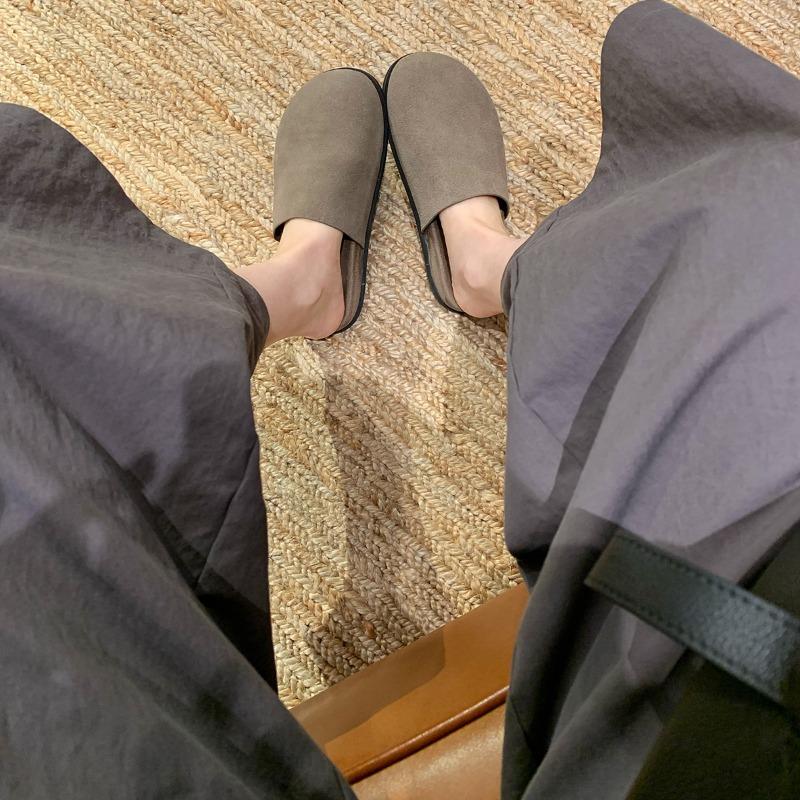 Cowhide Version of Grape Ma Lazy Versatile Round Head One Pedal Thick-soled Leather Bag Head Half Slippers Women