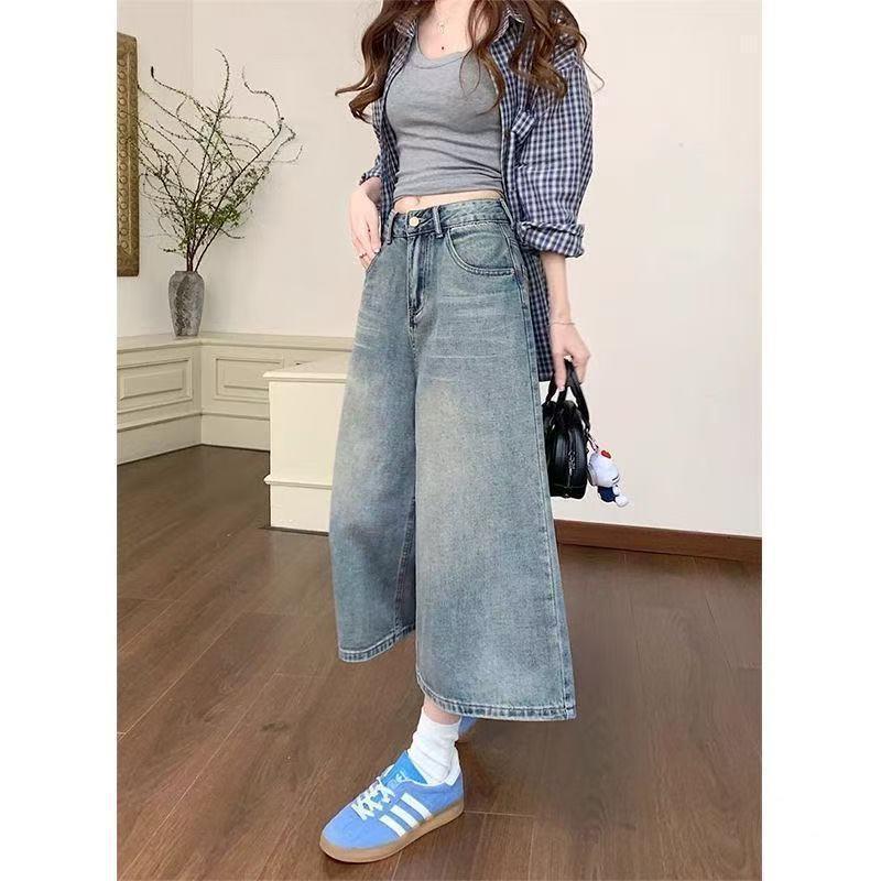 

Women s Retro Washed High-Waist Wide-Leg Capri Jeans 2XL (125-140 jin)