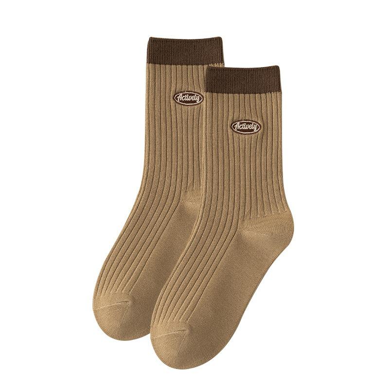 5 Pairs of Mid-calf Socks, Women's Autumn and Winter Double-needle Cotton Socks, Striped Women's Combed Cotton Pile Socks