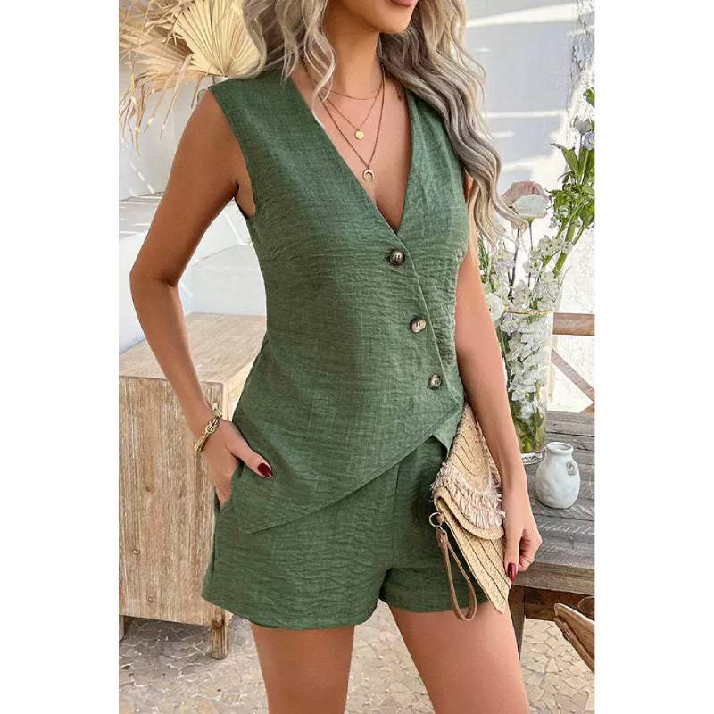 Fashion Summer Womens Casual Sets With Polyester Blend Button Plaid Blouse And Shorts For Street Style