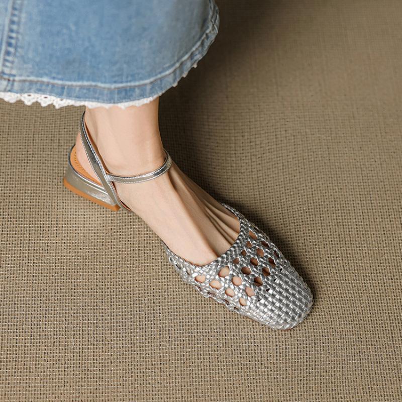 New one-word mesh thick-heeled sandals French retro woven hollow women's shoes low-heeled toe shoes women's summer