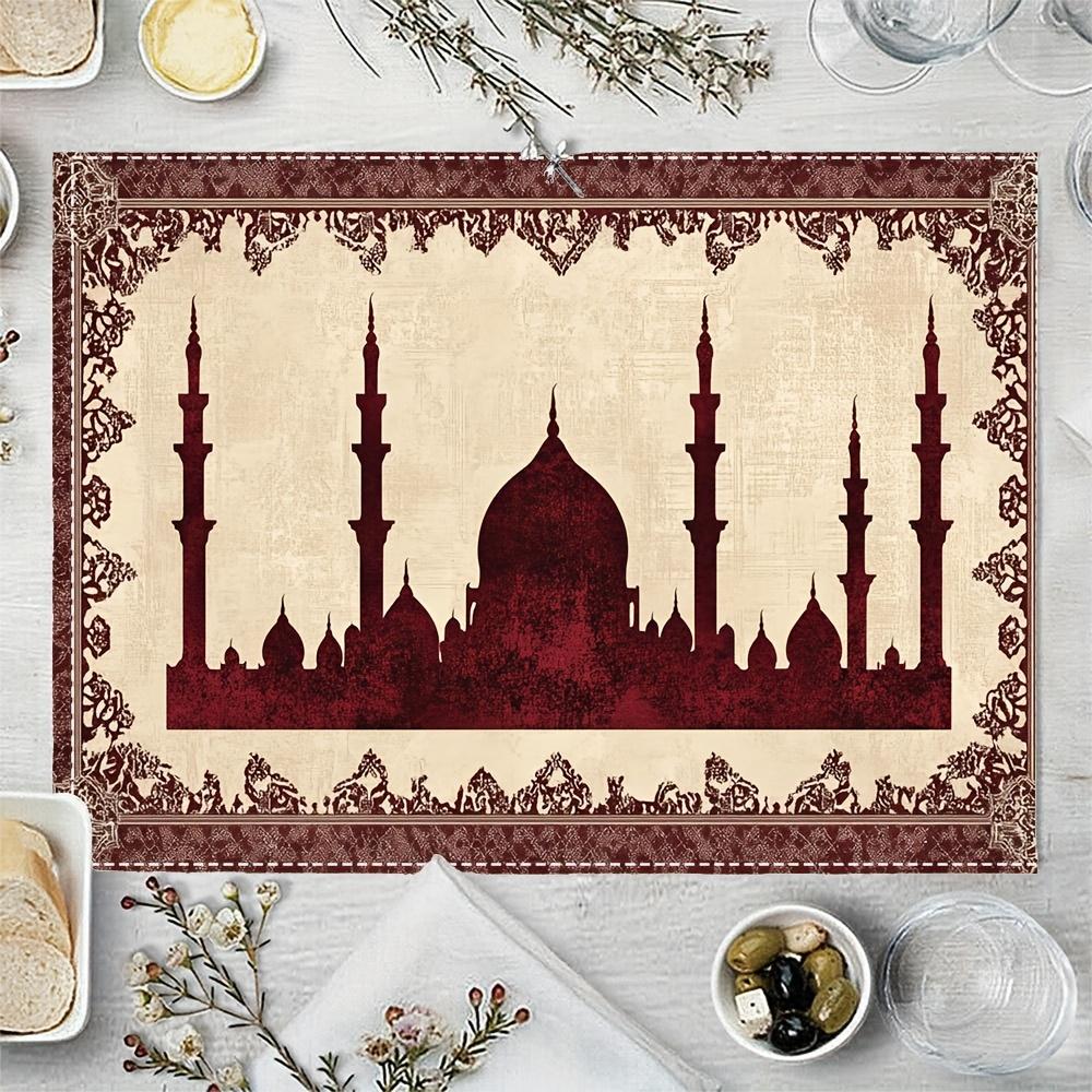 Ramadan Kareen Mubarak Linen Placemats Holiday Party Decor Retro Castle Printed Eid Al-Fitr Dining Table Mats Ramadan Decoration
