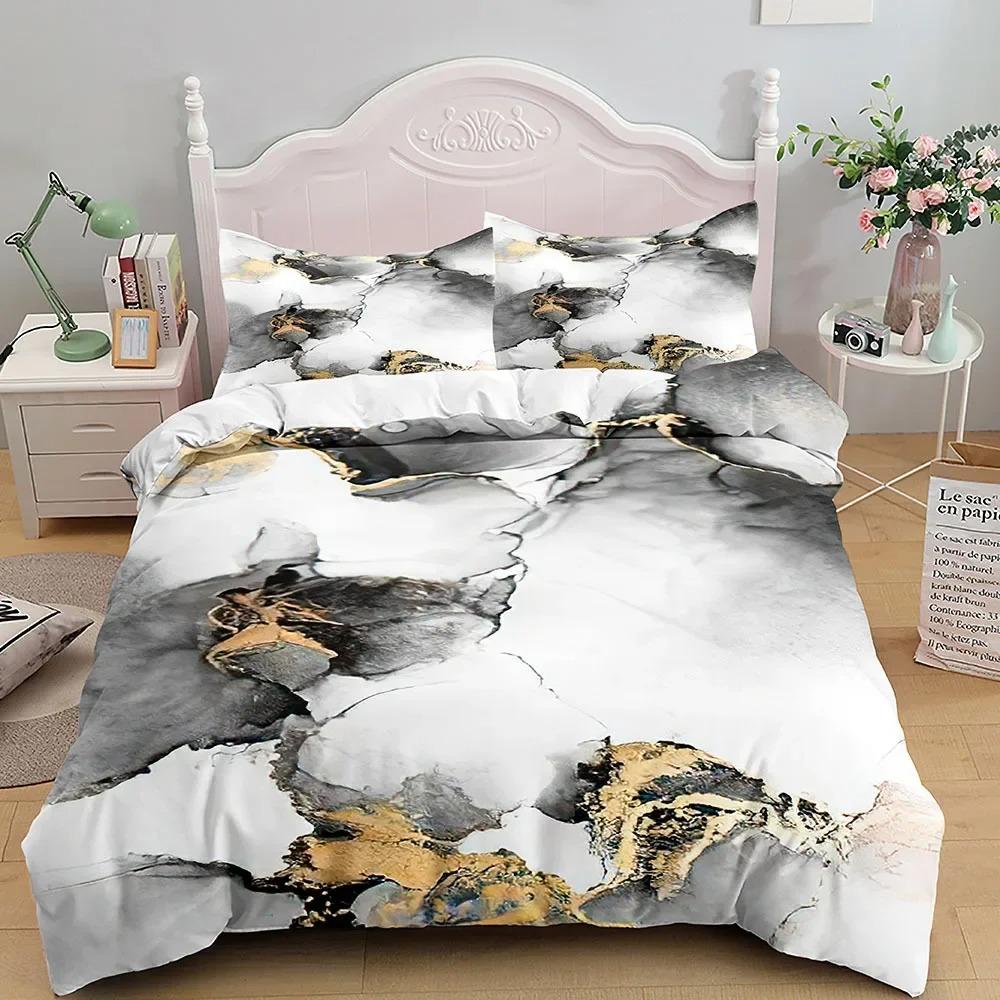 Marble Bedding Set King_Queen Size,Grey Gold Marble Duvet Cover Men Adults Modern Abstract Art Tie Dye Gothic Soft Quilt Cover