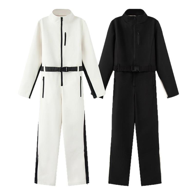 Women Ski Jumpsuit High Neck Zipper Front Sleeveless Hooded Belted Snowsuit