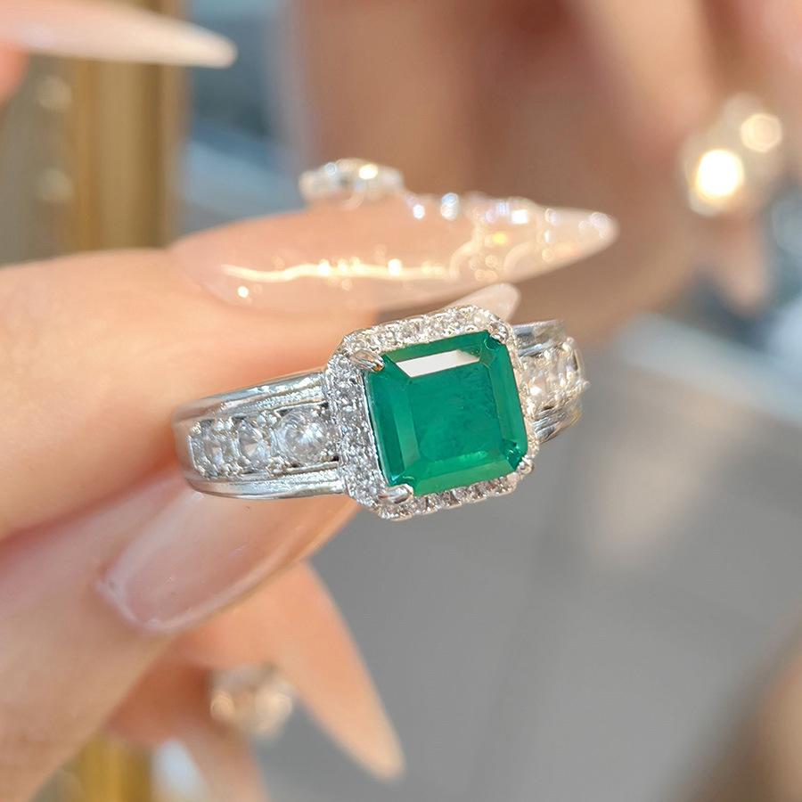 Fashion Light Luxury Temperament Princess Square Diamond Simulation Ruby Ring Retro Cotton Emerald Simple Women'S Ring