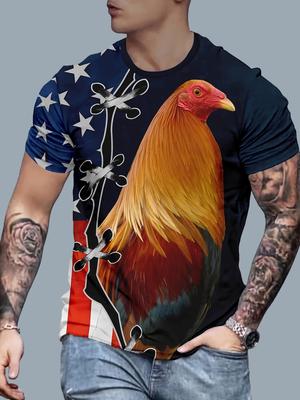 Men's Vintage-Inspired Rooster & Star 3D Print T-Shirt - Casual Crew Neck, Short Sleeve, Summer Outdoor Streetwear, Polyester, Machine Washable