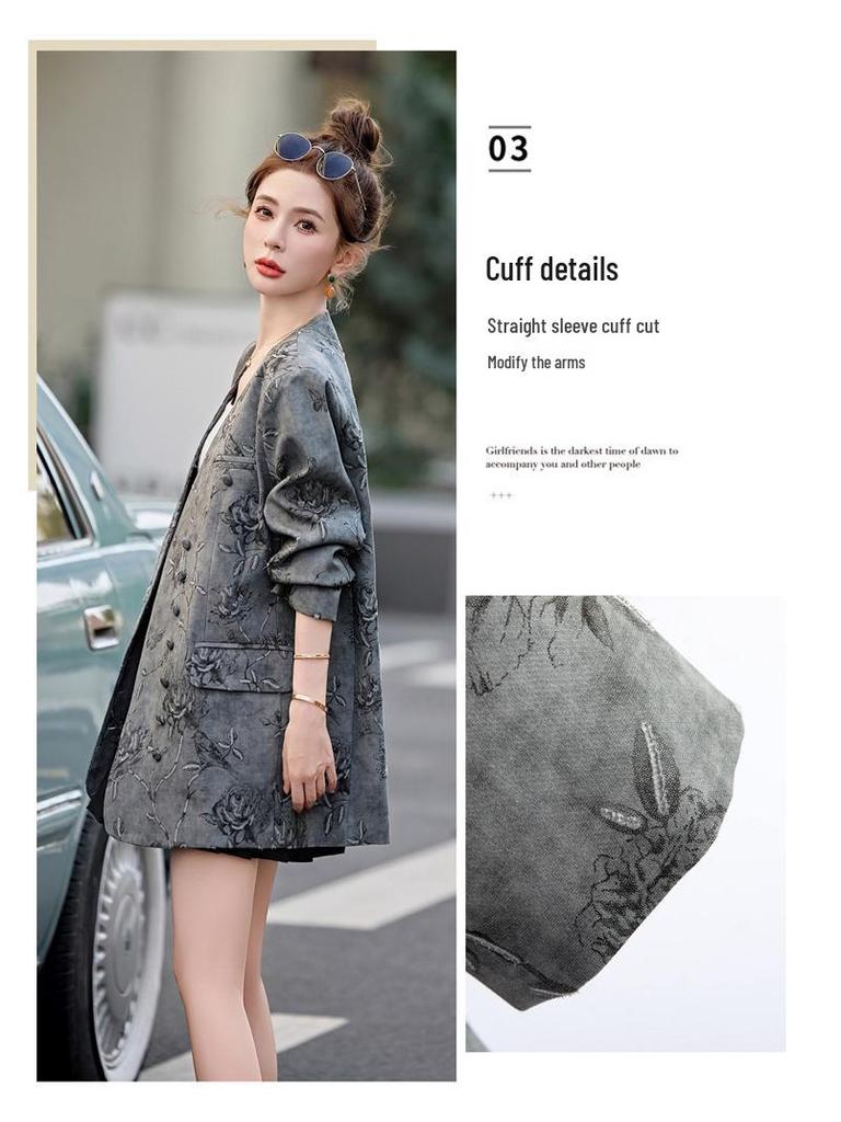 2025 Spring Women's V-Neck Jacquard Single-Breasted Fashion Suit Jacket