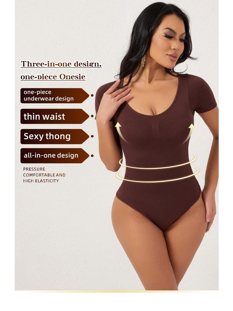 Butt-Lifting, Waist-Cinching, Tummy-Flattening Seamless Short-Sleeved Thong Shapewear Bodysuit