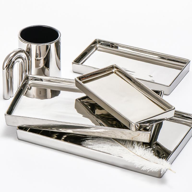 Luxury galvanized silver ceramic trays, rectangular jewelry storage trays, modern home decor, and living room  decor mirrors