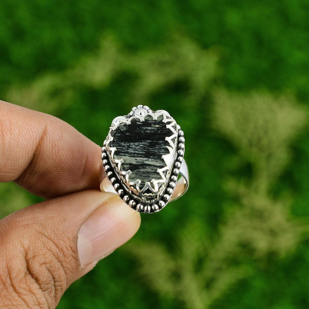 Gift For Her 925 Silver Natural Silver Leaf Jasper Stackable Adjustable Ring