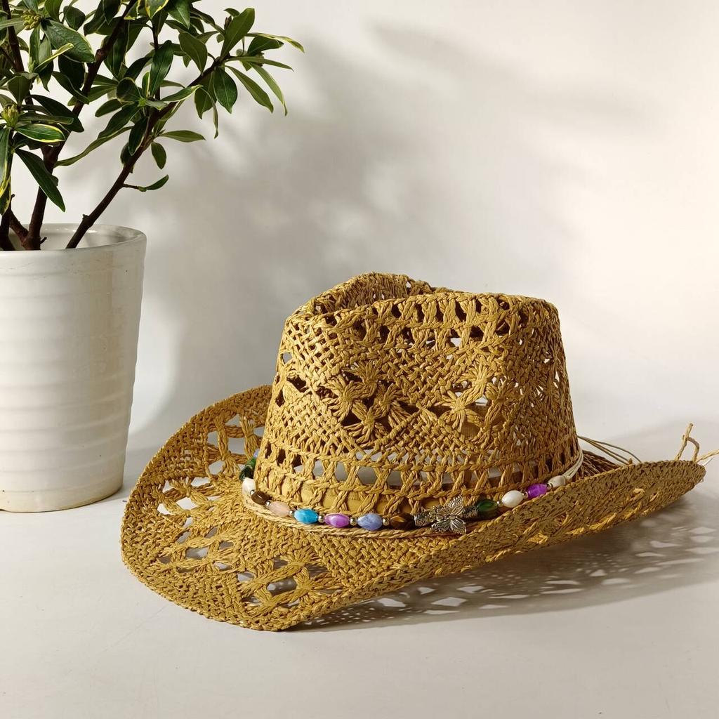 2026 Melesh Western-style Ginger Cowboy Hat with a Flexible Brim The Bohemian Style Is Perfect for Sun Protection On the Beach.