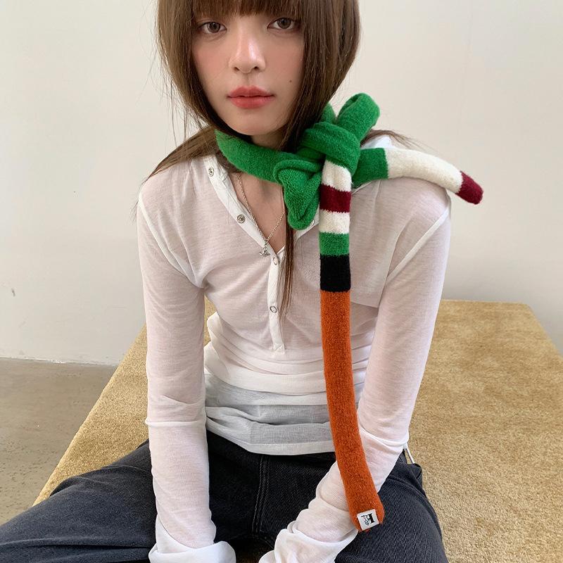 Gestreifter Farbpassender Retro Gestrickter Wollschal Schmaler Langer Schal für Damen Frühling