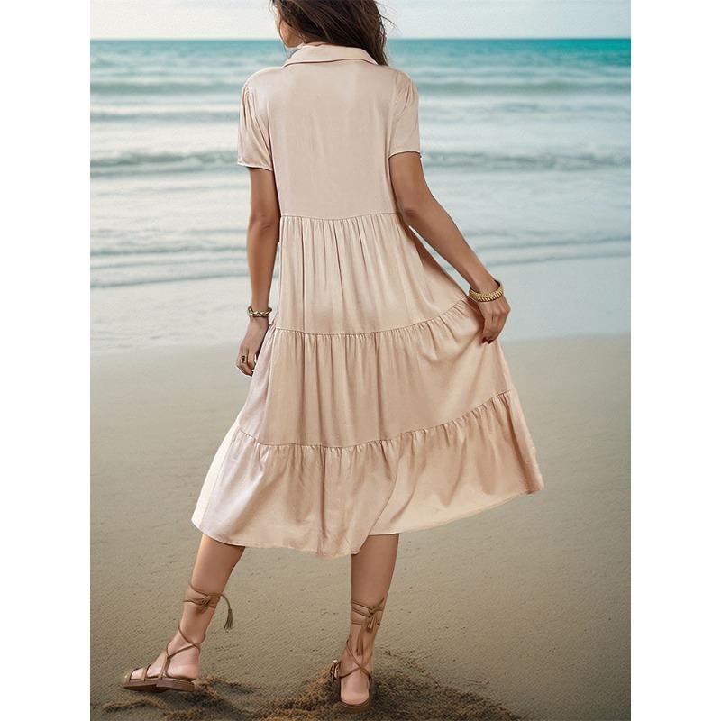 VEZFAA Women's Fashion Summer Spring Solid Color Print Short Sleeve V-Neck High Waist Casual Dresses