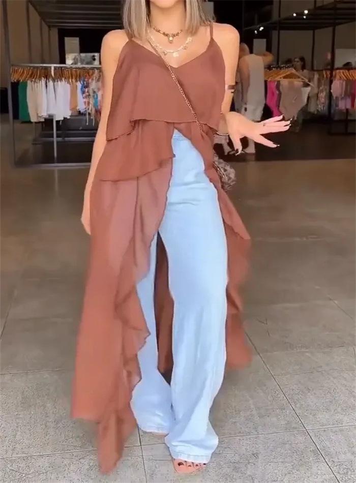 2025 New Sexy V-neck Ruffle Irregular Spaghetti Strap Dress for Women - European & American Spring/Summer Style