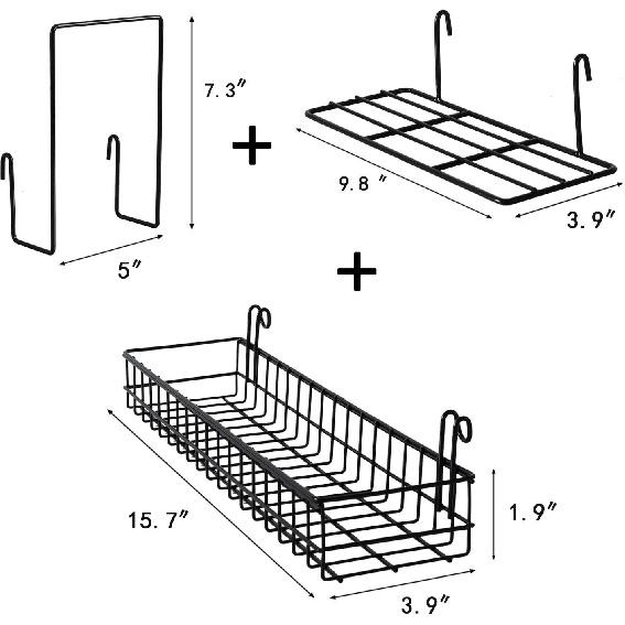 FRIADE Wall Grid Panel Hanging Basket with Hooks,Bookshelf,Display Shelf,Wall Organizer and Metal Shelving for Home Supplies,1 Set of 3 (Black)