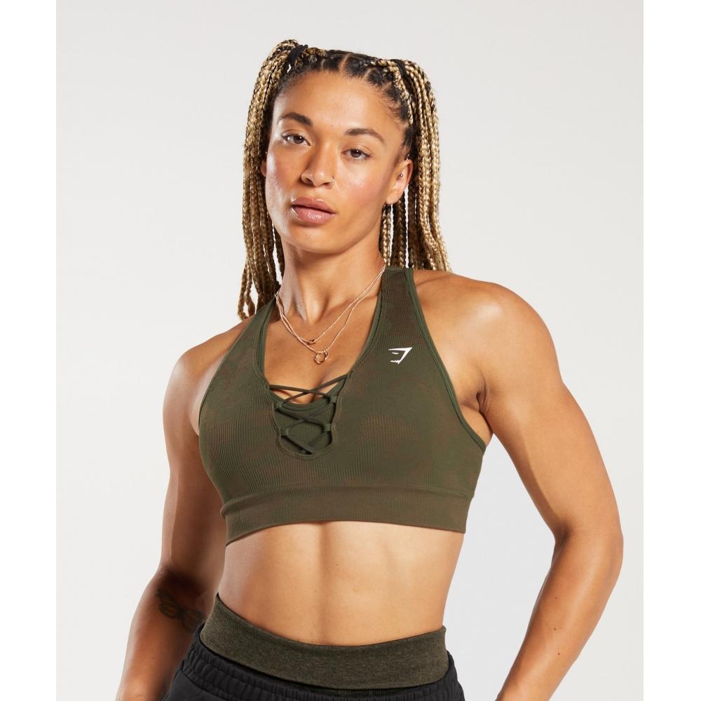 

GYMSHARK Adapt Camo Seamless Ribbed Sports Bra Winter Olive Soul Brown B6A2G ECCH
