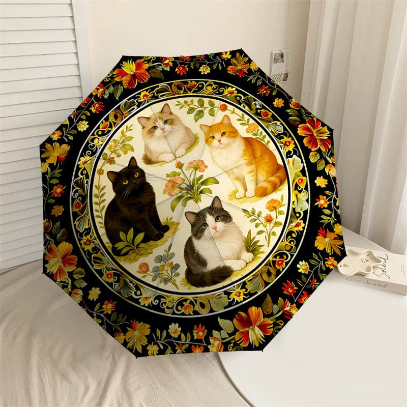 

1PC Floral Pattern Cats Umbrella-8-Rib Reinforced, Automatic Open, Lightweight & Durable, Cute Fashion Accessory for Outdoor, Beach or Casual Use, Bea